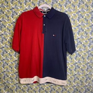 Vintage 90s Red And Navy Two-Toned Color Block Tommy Hilfiger Polo